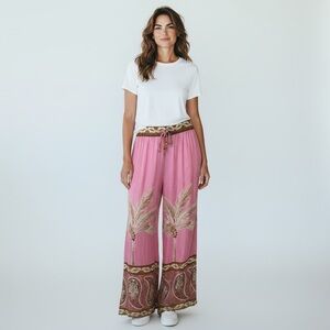Maison D’Amélie Pink Palm Wide Leg Resort Pants M‎ Boho Beachy Vacation NWT